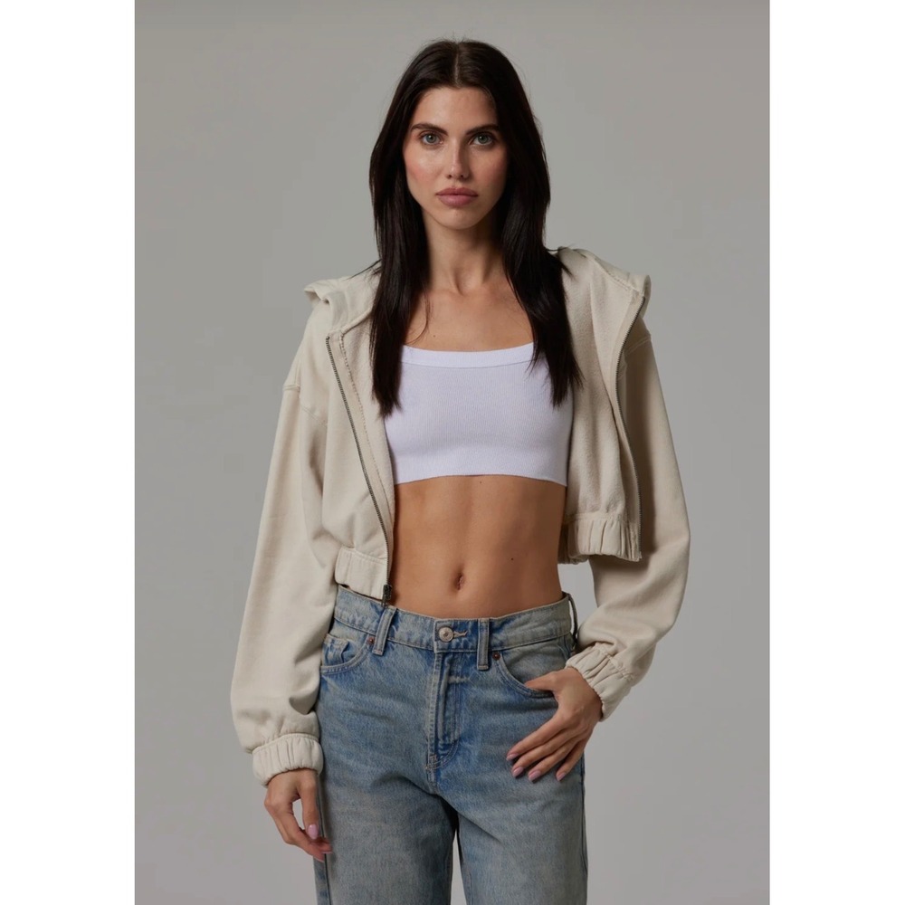 Talentless Women Bone Neutral Cropped Zip Up Hoodie Cotton Sweatshirt Medium